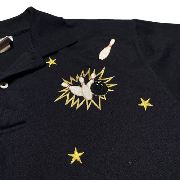 Vintage Bowling World Embroidered Polo Shirt Black Unisex Sz M - Picture 5 of 11